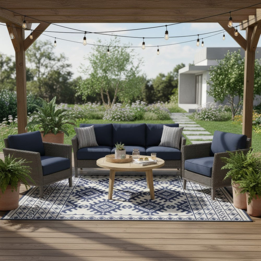 Elyz Large Outdoor Area Rug | Blue & White Tribal Design | 9x12 Waterproof