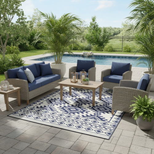 Elyz Large Outdoor Area Rug | Blue & White Tribal Design | 9x12 Waterproof
