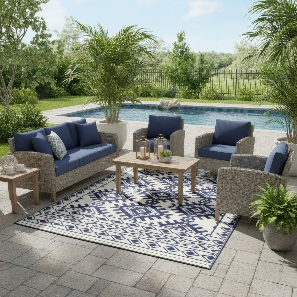 Elyz Large Outdoor Area Rug | Blue & White Tribal Design | 9x12 Waterproof