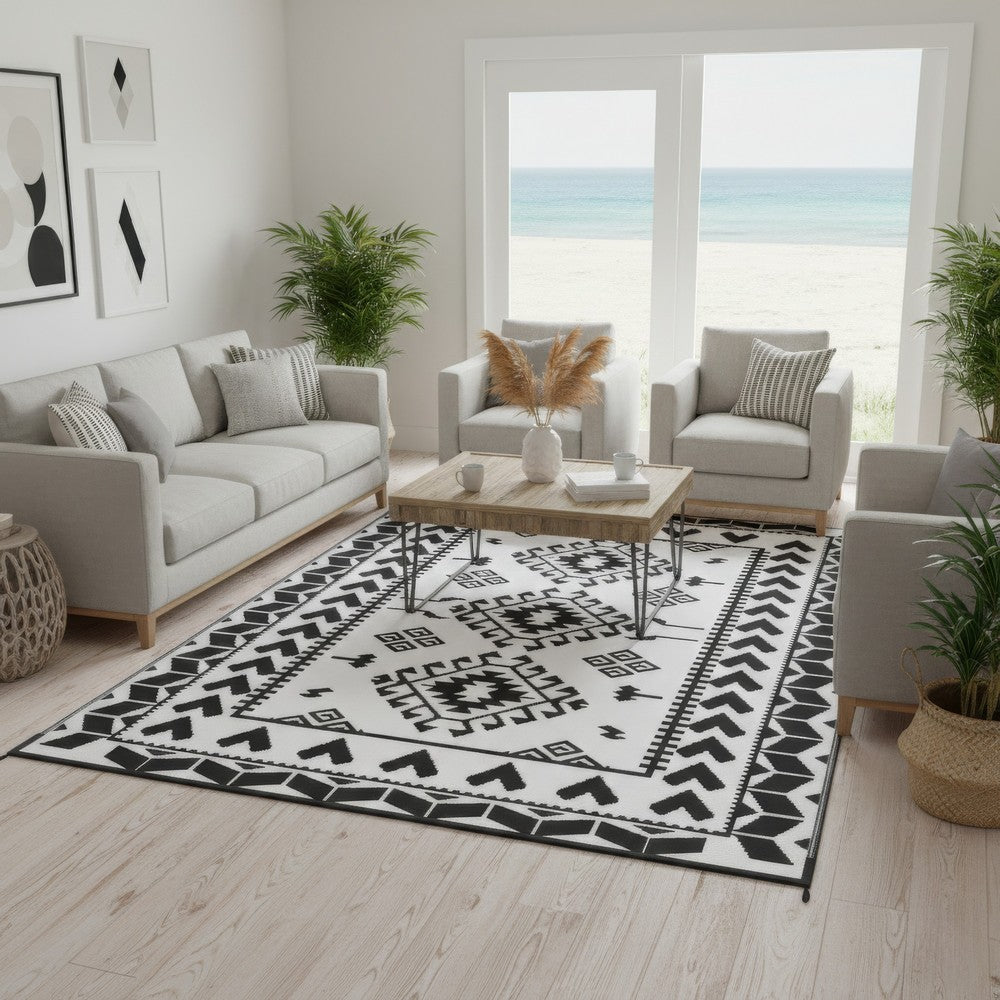 Pema Outdoor Area Rug | Black & White Patchwork | Large 8x10 Beach Rug