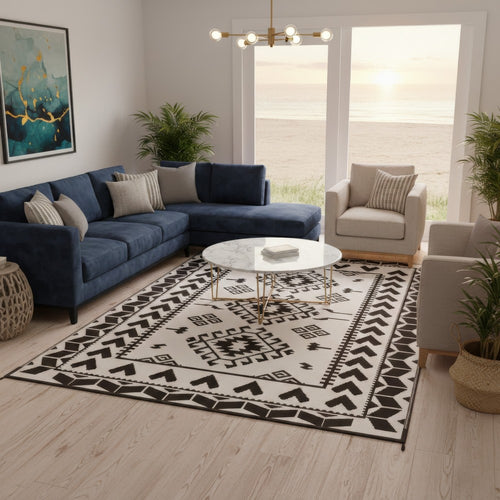 Pema Outdoor Area Rug | Black & White Patchwork | Large 8x10 Beach Rug
