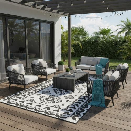 Pema XXL Outdoor Area Rug | Black & White Patchwork | Giant 9x18 Picnic Rug