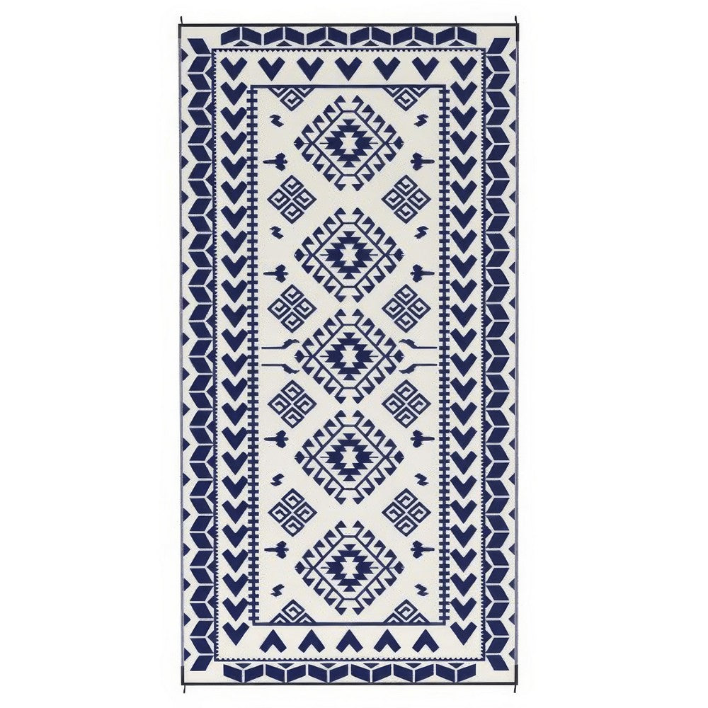 Pema Outdoor Area Rug | Blue & White Patchwork | Giant 9x18 Picnic Rug