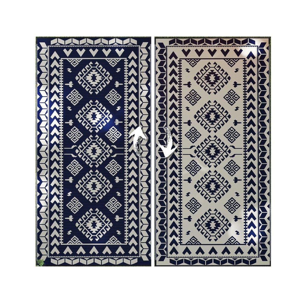 Pema Outdoor Area Rug | Blue & White Patchwork | Giant 9x18 Picnic Rug