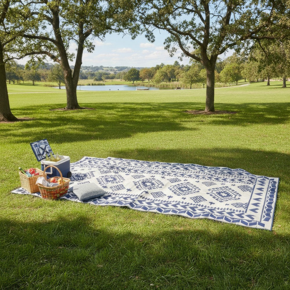 Pema Outdoor Area Rug | Blue & White Patchwork | Giant 9x18 Picnic Rug