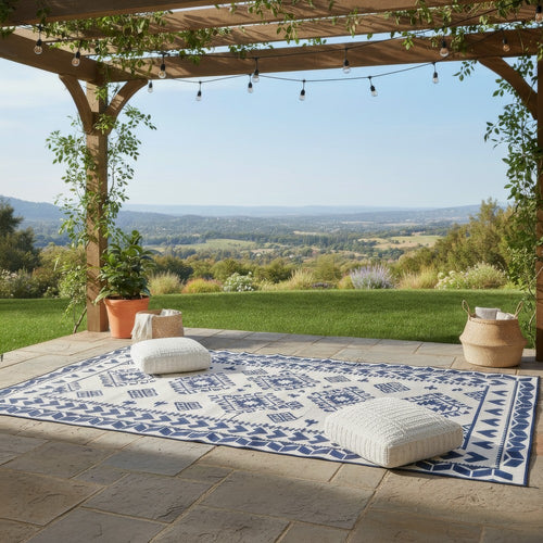 Pema Outdoor Area Rug | Blue & White Patchwork | Giant 9x18 Picnic Rug