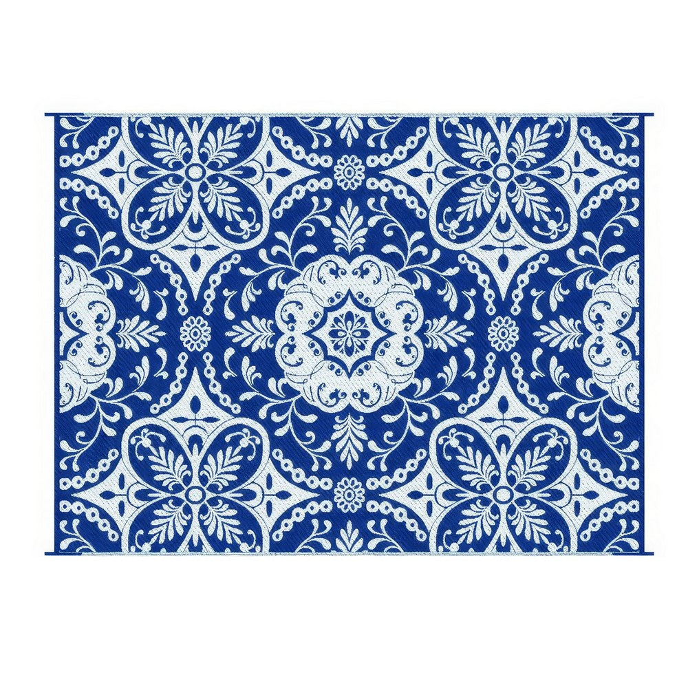 Outdoor Area Rug | Floral Medallion in Blue & White | XL 9x12 Plastic Straw