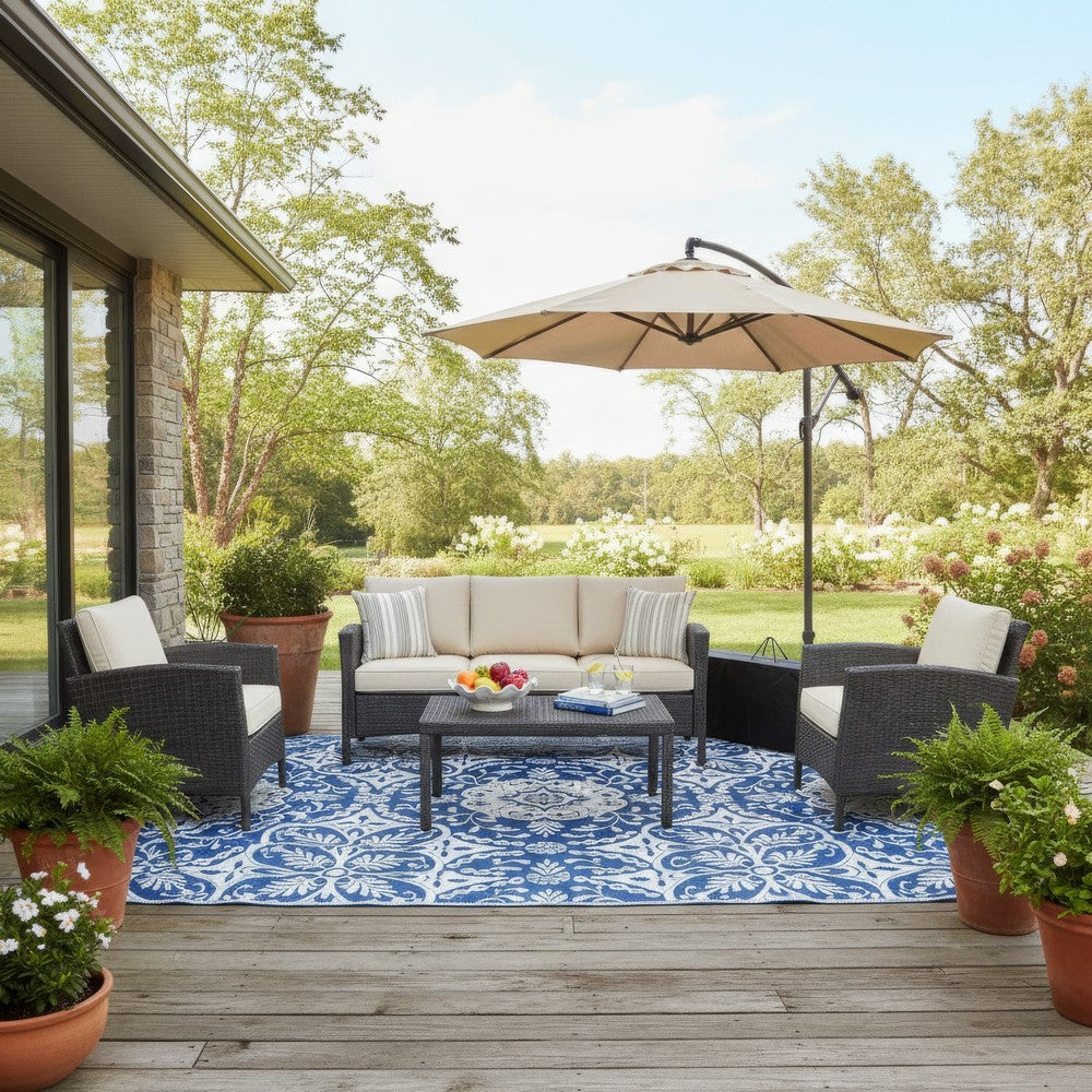 Outdoor Area Rug | Floral Medallion in Blue & White | XL 9x12 Plastic Straw