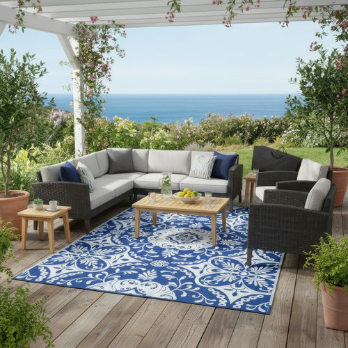 Outdoor Area Rug | Floral Medallion in Blue & White | XL 9x12 Plastic Straw