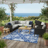 Outdoor Area Rug | Floral Medallion in Blue & White | XL 9x12 Plastic Straw