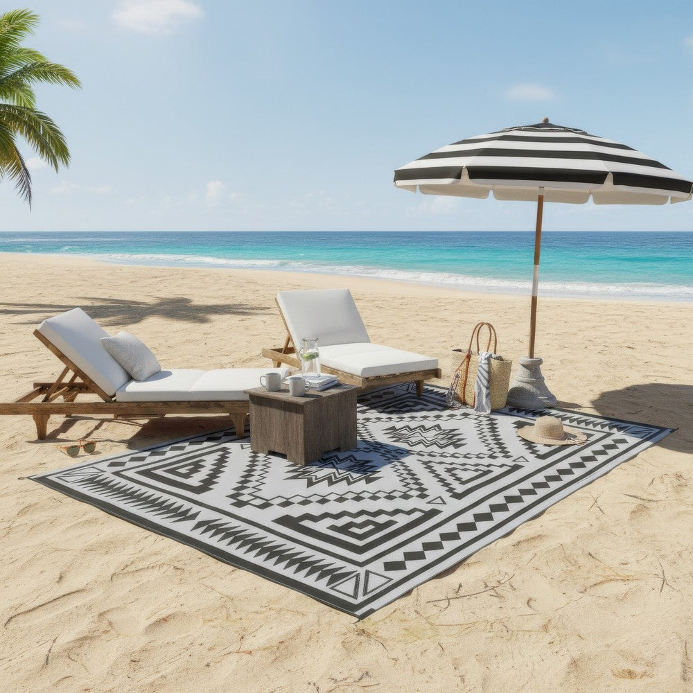 Outdoor Area Rug | Black & White Patchwork | Giant 9x18 Beach Rug Straw