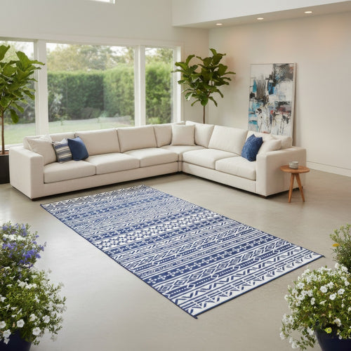 Viva Outdoor Area Rug | White & Blue Geometric Wall | Picnic Giant 9x18
