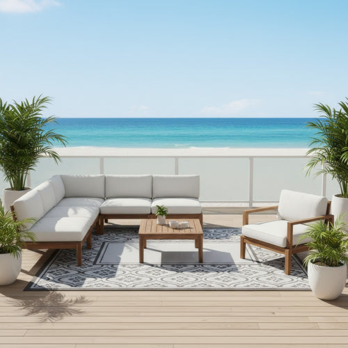 Outdoor Area Rug | Black & Gray Gourd Border | 9x18 Faux Straw Material