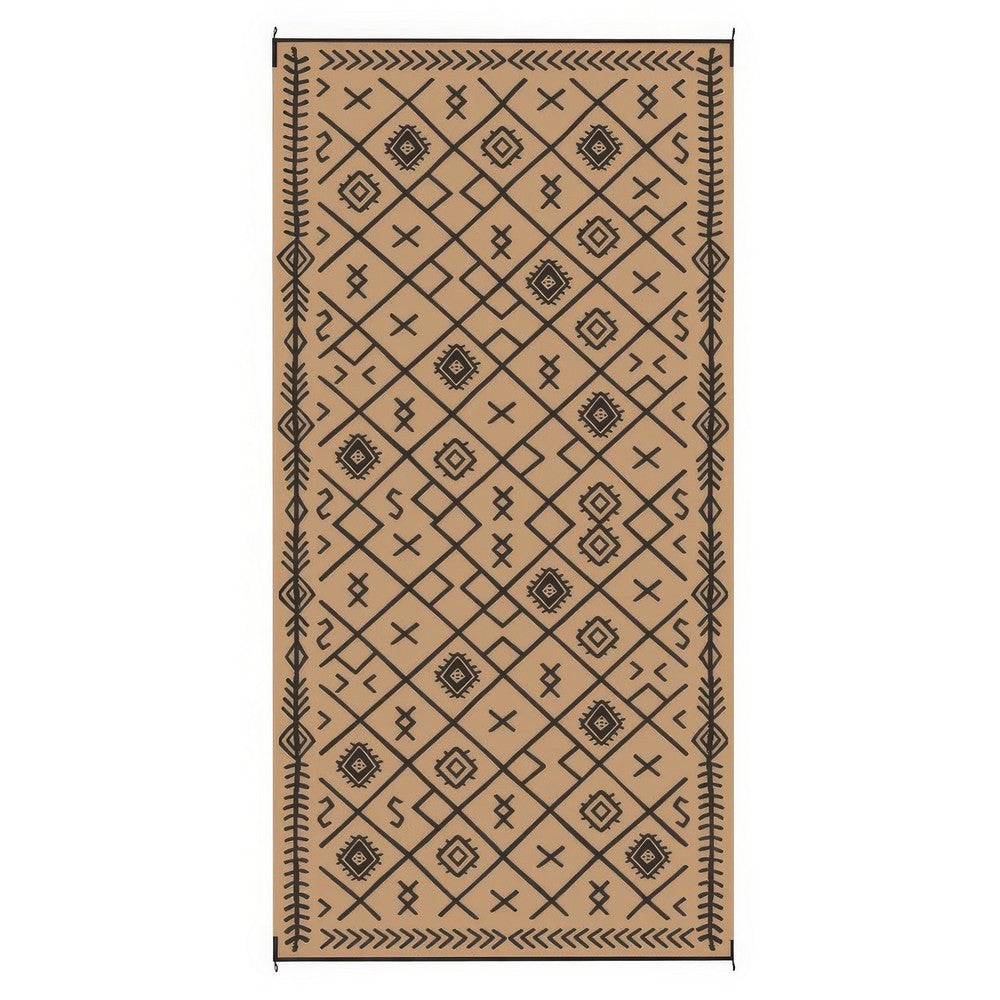 Outdoor Area Rug | Black & Brown Rhombus Design | 9x18 Faux Straw Material