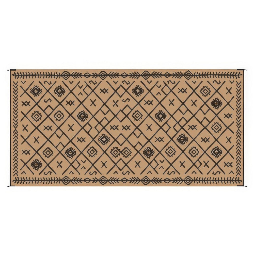 Outdoor Area Rug | Black & Brown Rhombus Design | 9x18 Faux Straw Material