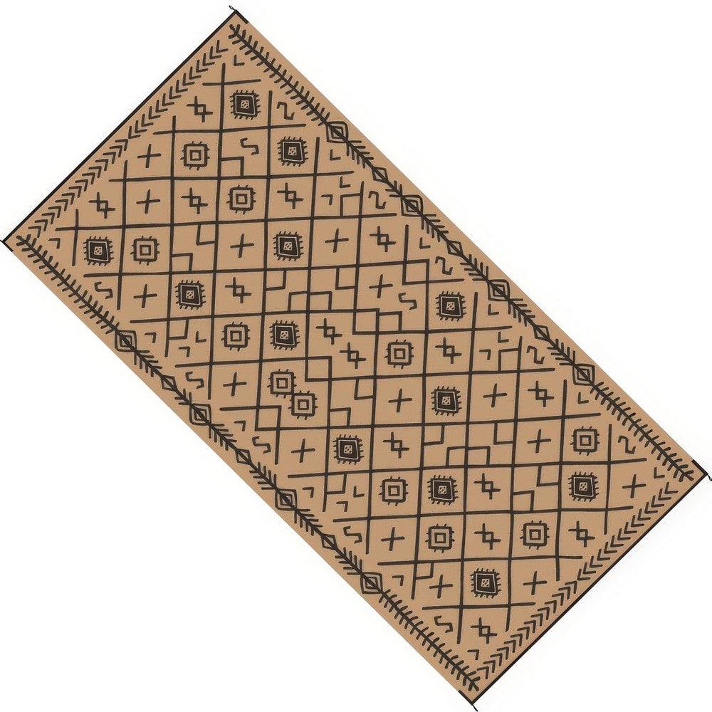 Outdoor Area Rug | Black & Brown Rhombus Design | 9x18 Faux Straw Material