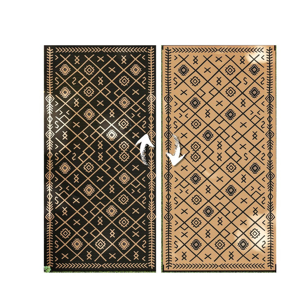 Outdoor Area Rug | Black & Brown Rhombus Design | 9x18 Faux Straw Material