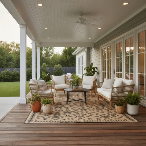 Outdoor Area Rug | Black & Brown Rhombus Design | 9x18 Faux Straw Material