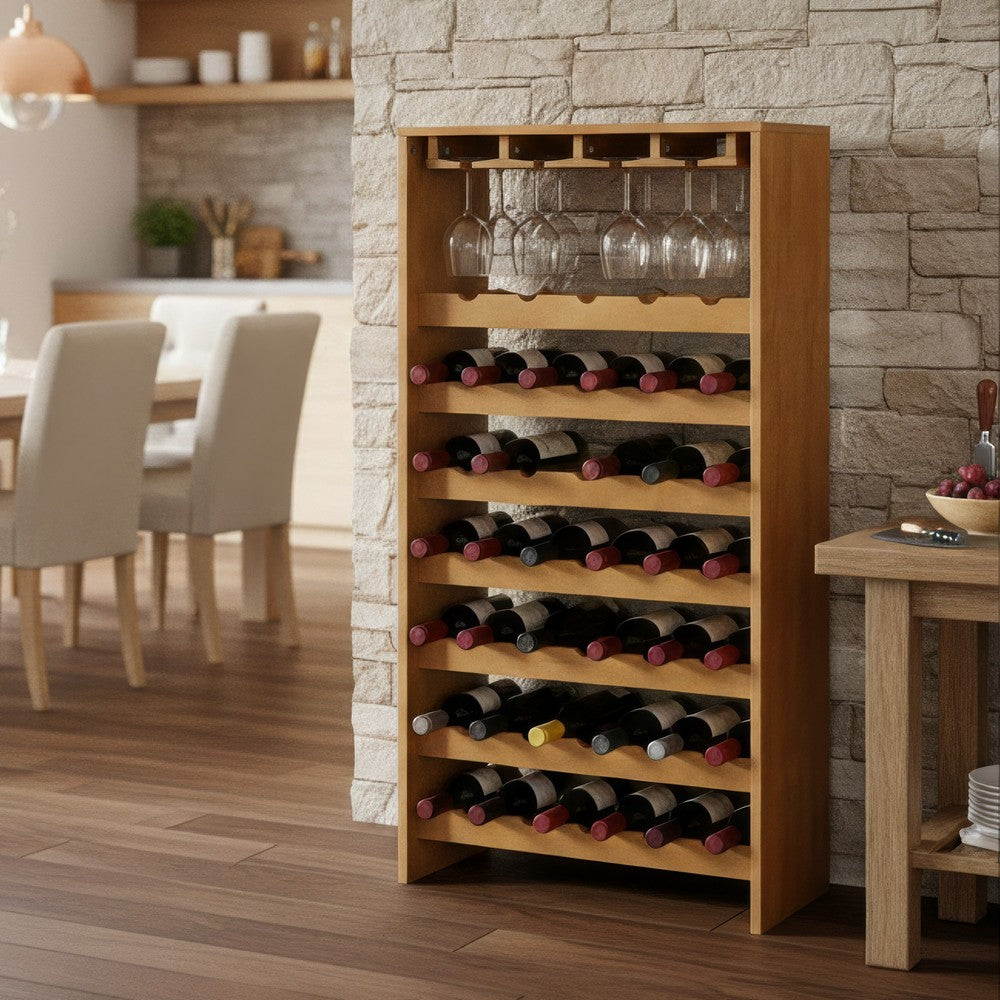 Sana Wine Rack | 7 Tiers with 4 Holders & Stemware | Oak Brown 48"