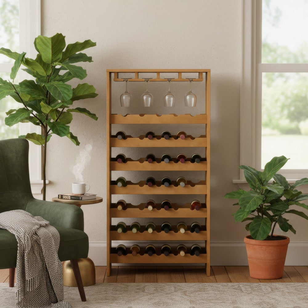 Sana Wine Rack | 7 Tiers with 4 Holders & Stemware | Oak Brown 48"