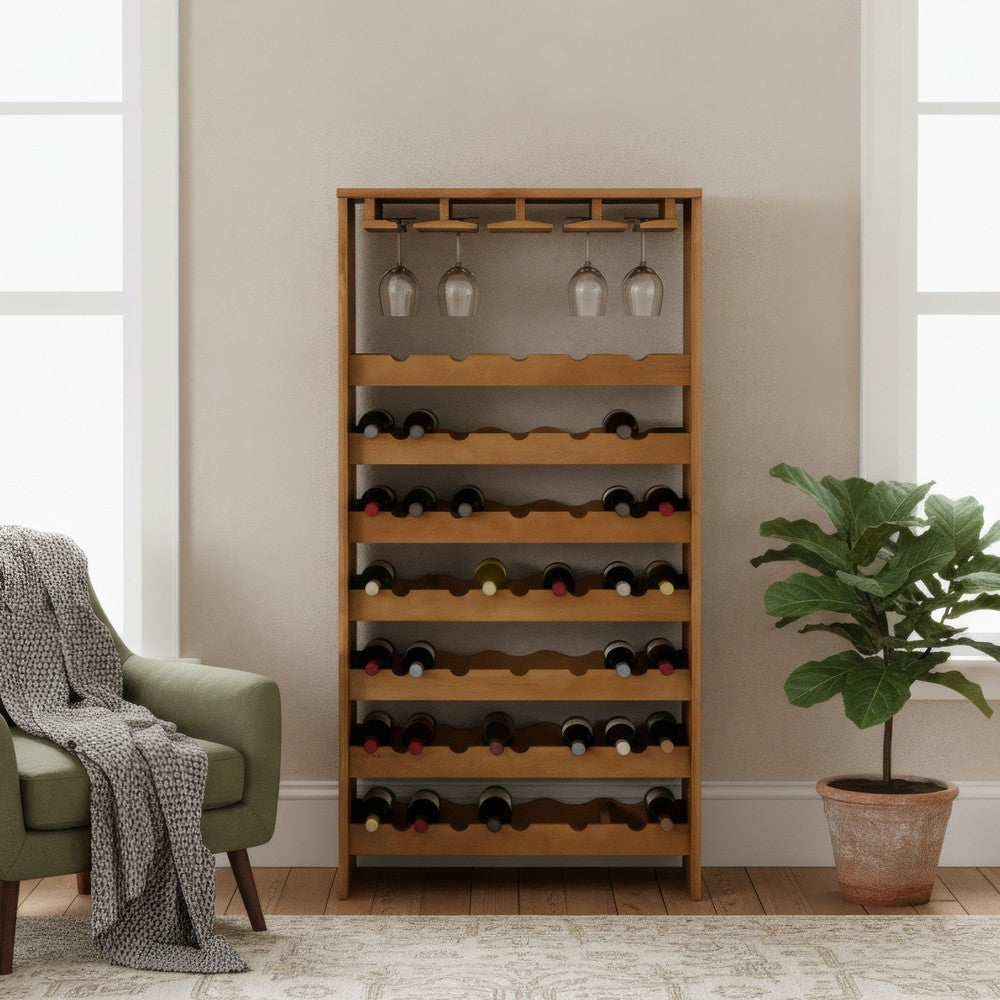 Sana Wine Rack | 7 Tiers with 4 Holders & Stemware | Oak Brown 48"