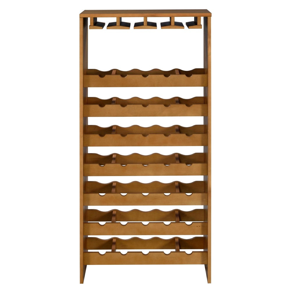 Sana Wine Rack | 7 Tier Design with Built-In 4 Stemware | Oak Brown 49"