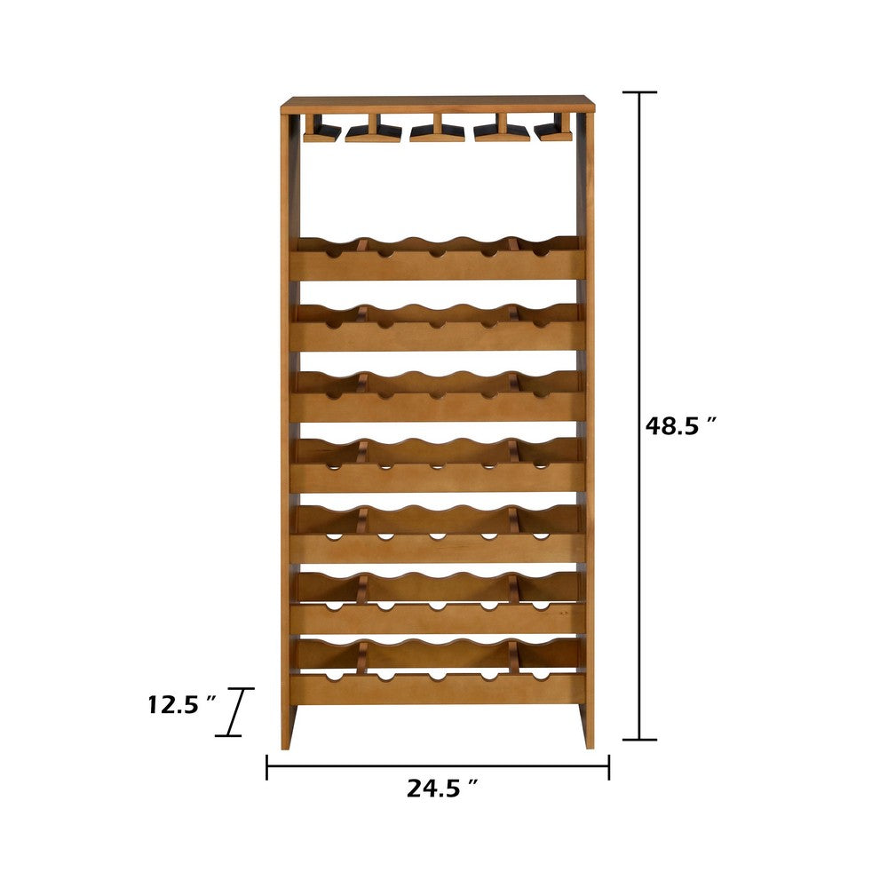 Sana Wine Rack | 7 Tier Design with Built-In 4 Stemware | Oak Brown 49"