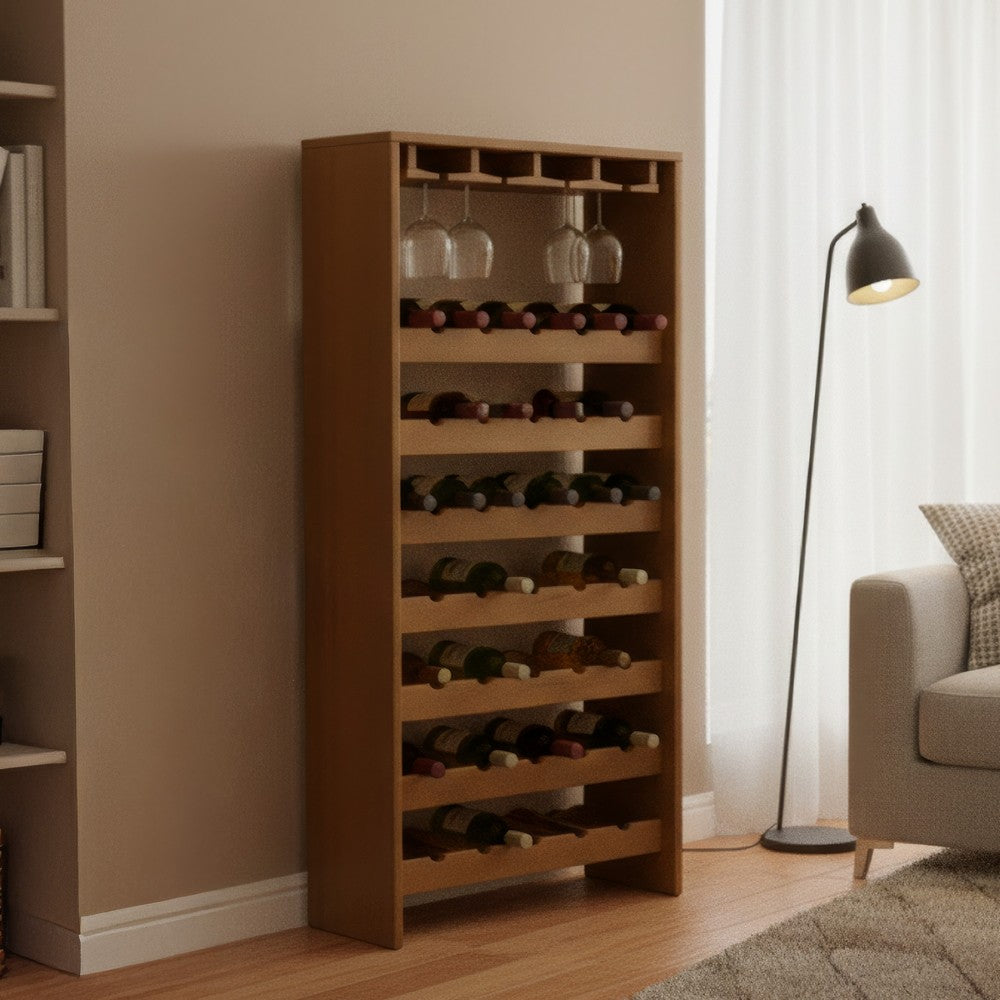 Sana Wine Rack | 7 Tier Design with Built-In 4 Stemware | Oak Brown 49"