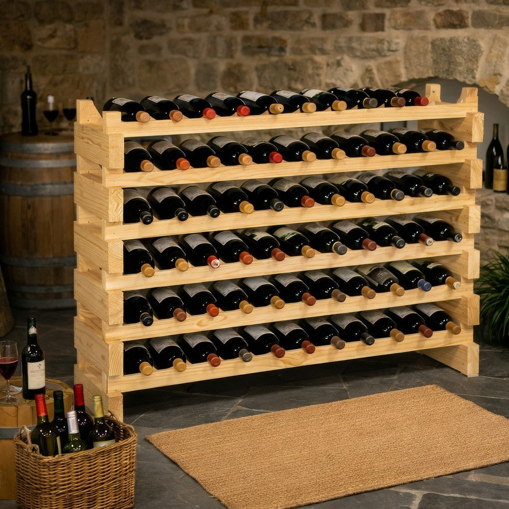 6 Tier Wine Rack | Modular 72-Bottle Holder | 45" Natural Brown Wood