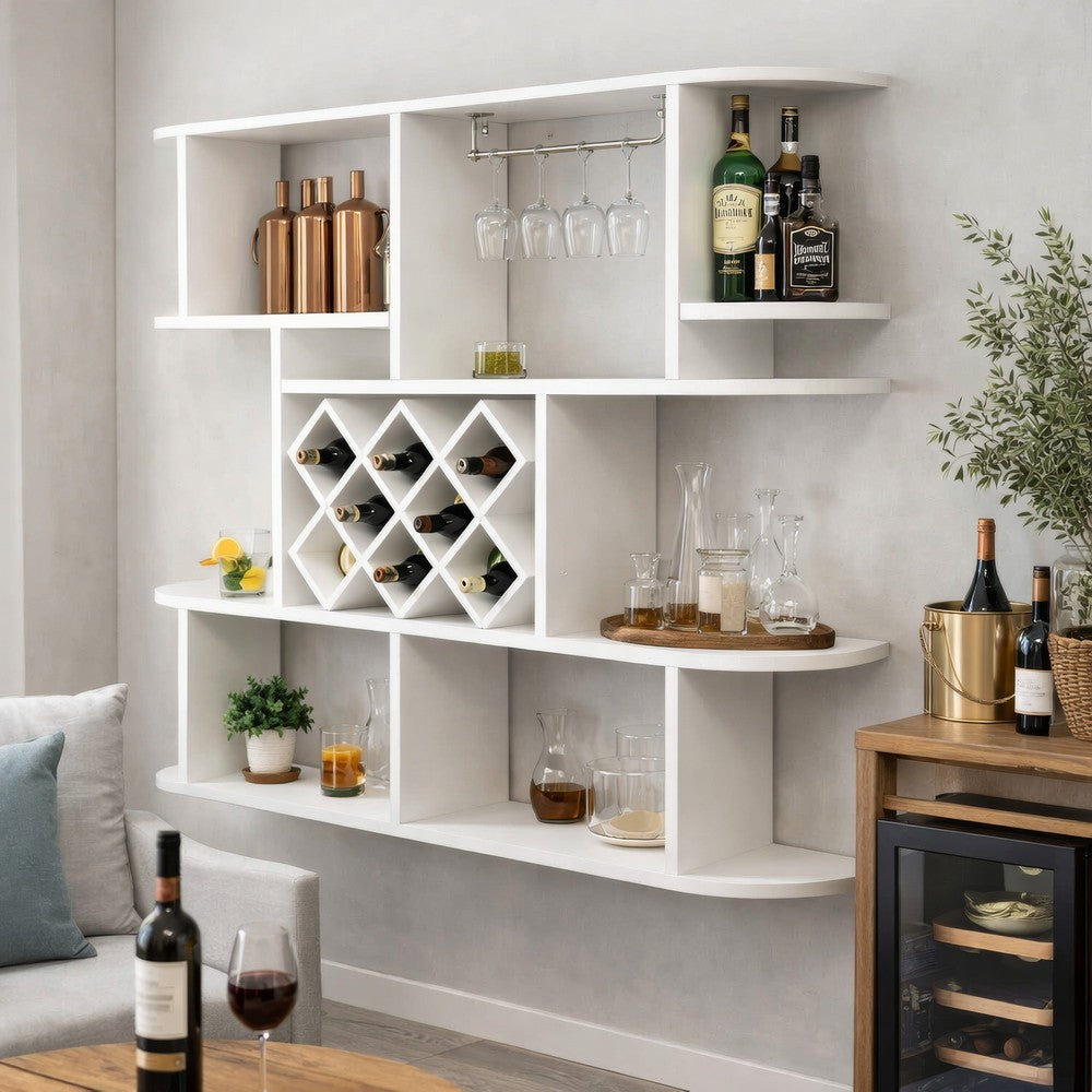 Wall Mounted Bar Wine Rack with Holder & Shelves | 3-Tier | 47" White