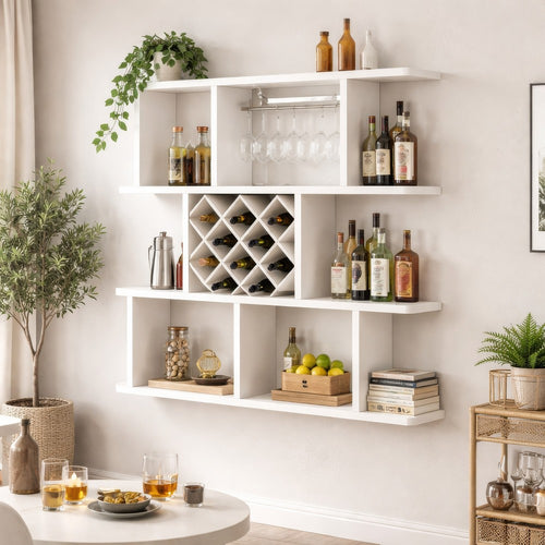 Wall Mounted Bar Wine Rack with Holder & Shelves | 3-Tier | 47" White