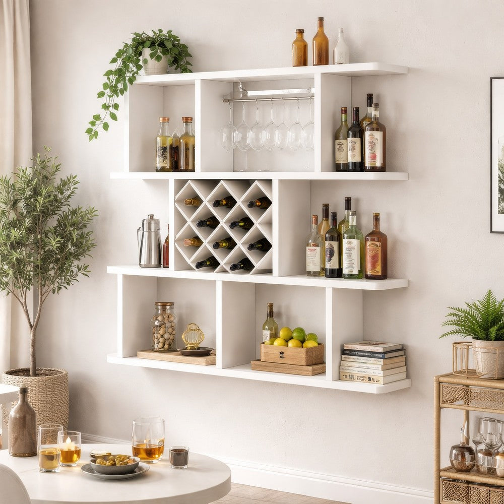 Wall Mounted Bar Wine Rack with Holder & Shelves | 3-Tier | 47" White
