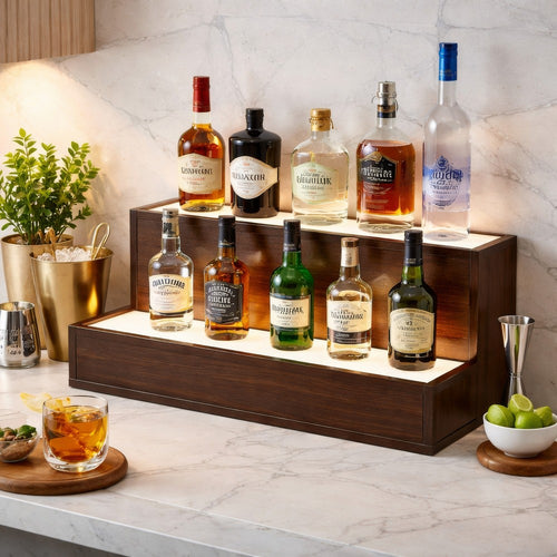 Rahy Bar Display Shelf w LED & Music | 2 Step Design | 20" Walnut Brown