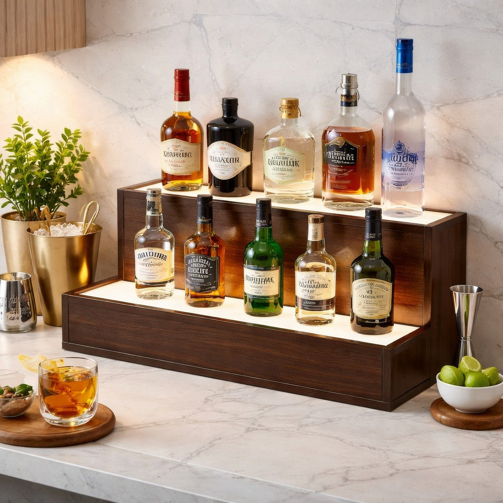 Rahy Bar Display Shelf w LED & Music | 2 Step Design | 20" Walnut Brown