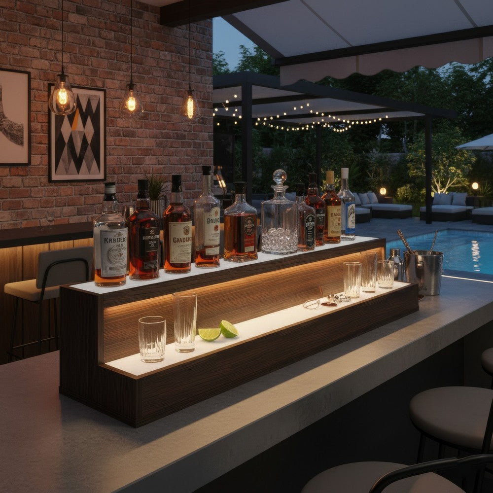 Rahy Bar Display Shelf w LED & Music | 2 Tier Design | 37" Walnut Brown