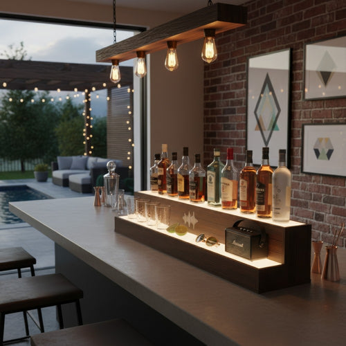 Rahy Bar Display Shelf w LED & Music | 2 Tier Design | 37" Walnut Brown