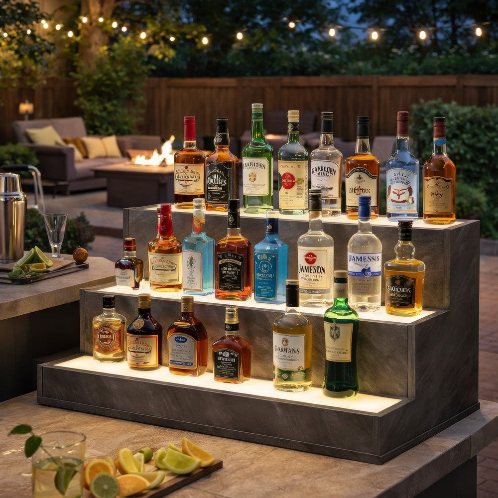 Rahy Bottle Display Shelf with LED & Music | 3 Tiers | 24" Gray Wood