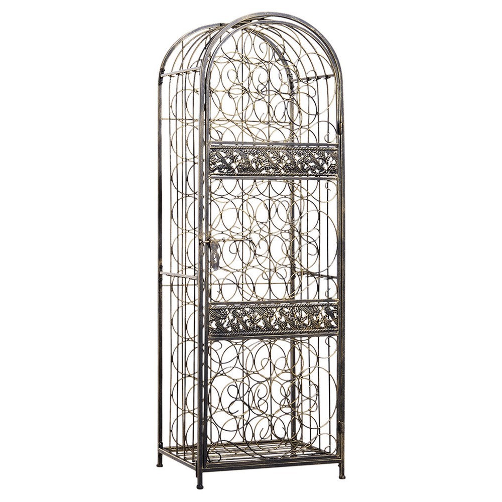 Wine Rack with Cage & Lock | 45 Bottle Holder | Antique Bronze Iron 52"