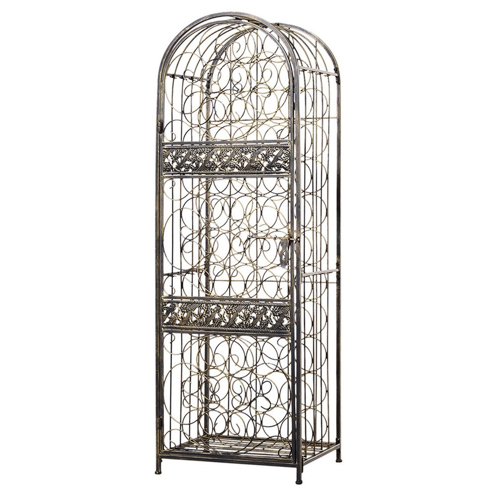 Wine Rack with Cage & Lock | 45 Bottle Holder | Antique Bronze Iron 52"