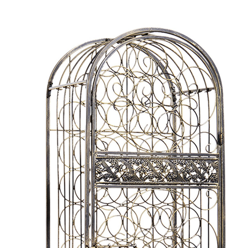 Wine Rack with Cage & Lock | 45 Bottle Holder | Antique Bronze Iron 52"