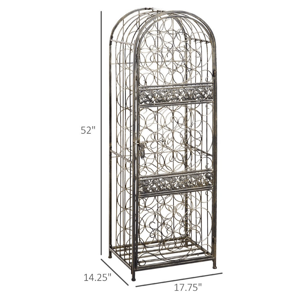 Wine Rack with Cage & Lock | 45 Bottle Holder | Antique Bronze Iron 52"