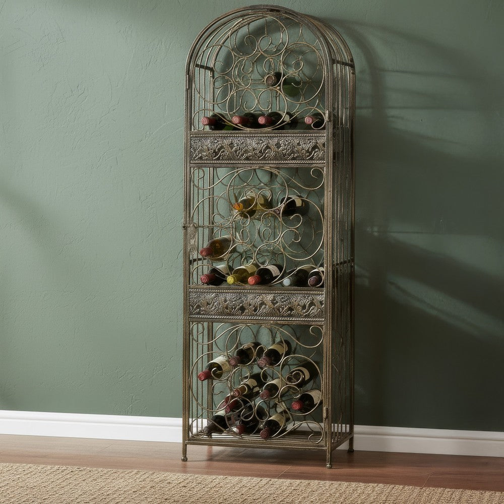Wine Rack with Cage & Lock | 45 Bottle Holder | Antique Bronze Iron 52"