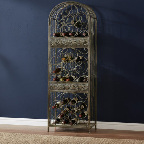 Wine Rack with Cage & Lock | 45 Bottle Holder | Antique Bronze Iron 52"