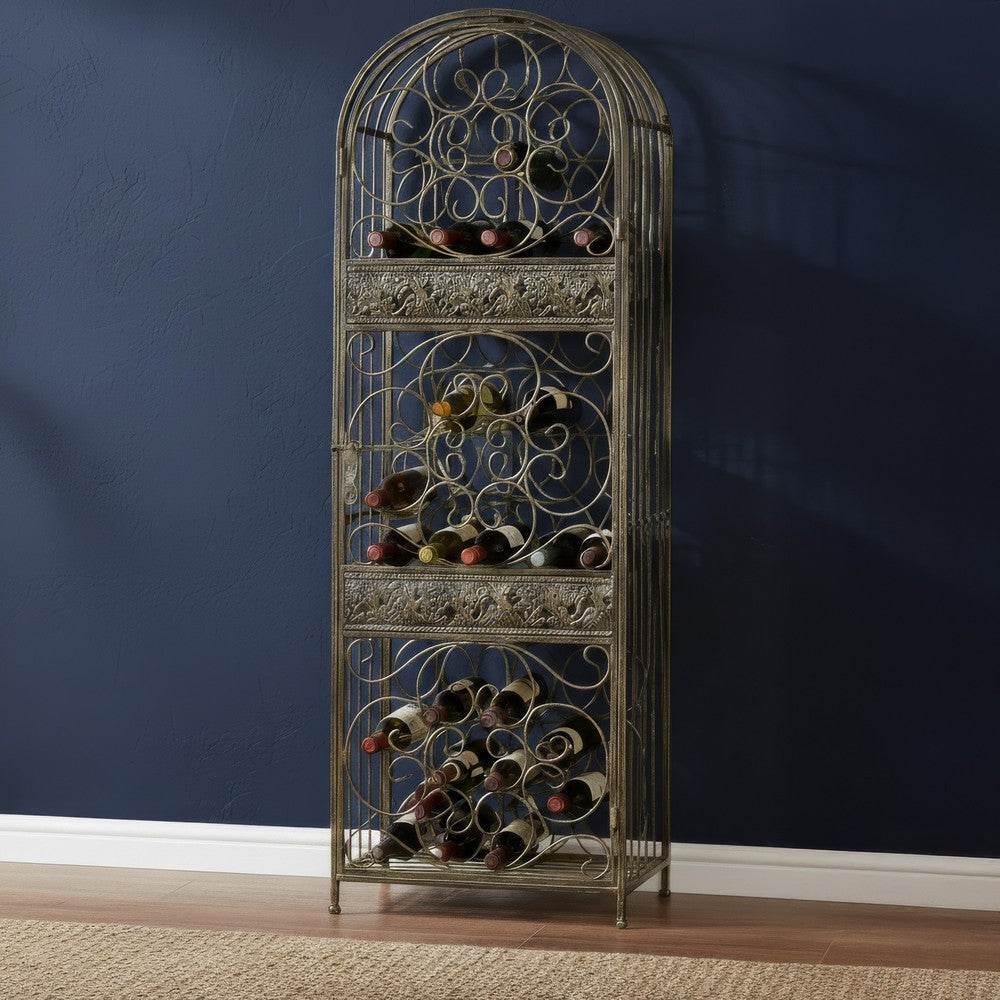 Wine Rack with Cage & Lock | 45 Bottle Holder | Antique Bronze Iron 52"