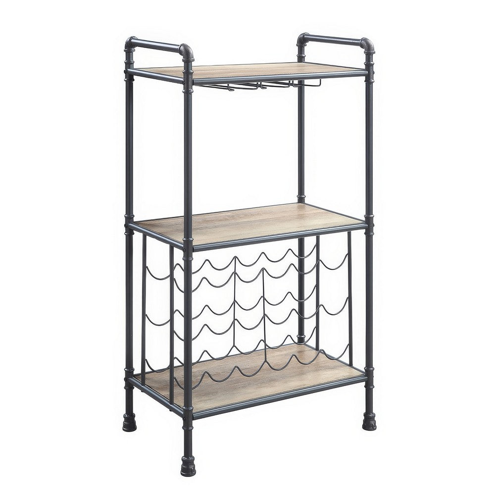 Coleen 3 Tier Wine Rack | Oak Brown Wood Shelves | Industrial Metal 45"