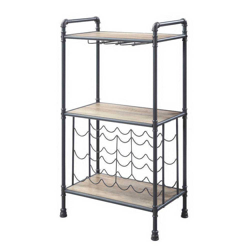 Coleen 3 Tier Wine Rack | Oak Brown Wood Shelves | Industrial Metal 45"