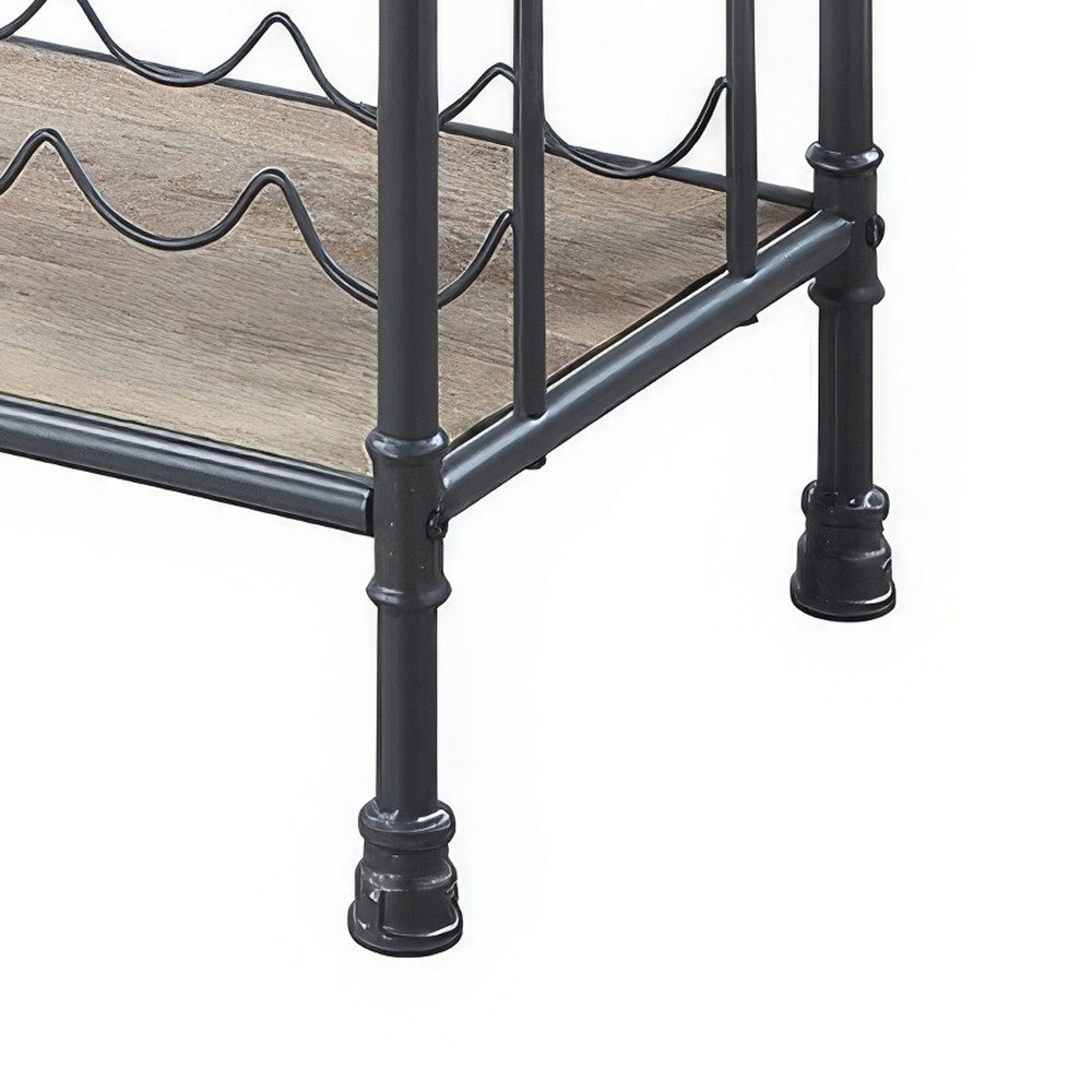 Coleen 3 Tier Wine Rack | Oak Brown Wood Shelves | Industrial Metal 45"