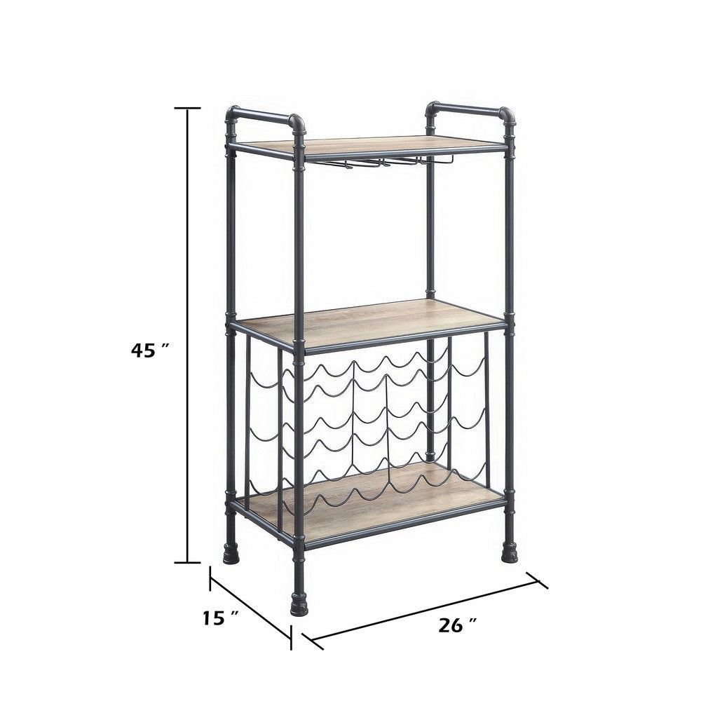 Coleen 3 Tier Wine Rack | Oak Brown Wood Shelves | Industrial Metal 45"