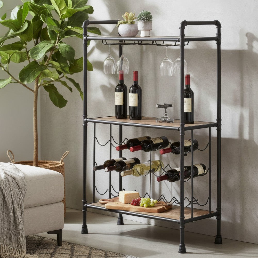Coleen 3 Tier Wine Rack | Oak Brown Wood Shelves | Industrial Metal 45"