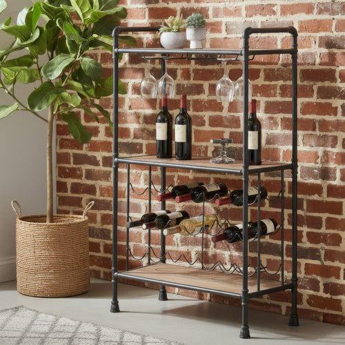 Coleen 3 Tier Wine Rack | Oak Brown Wood Shelves | Industrial Metal 45"